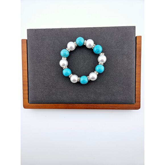 Faux Turquoise And Pearl Beaded Stretch Bracelet Rhinestone Chunky Stackable - Picture 1 of 1